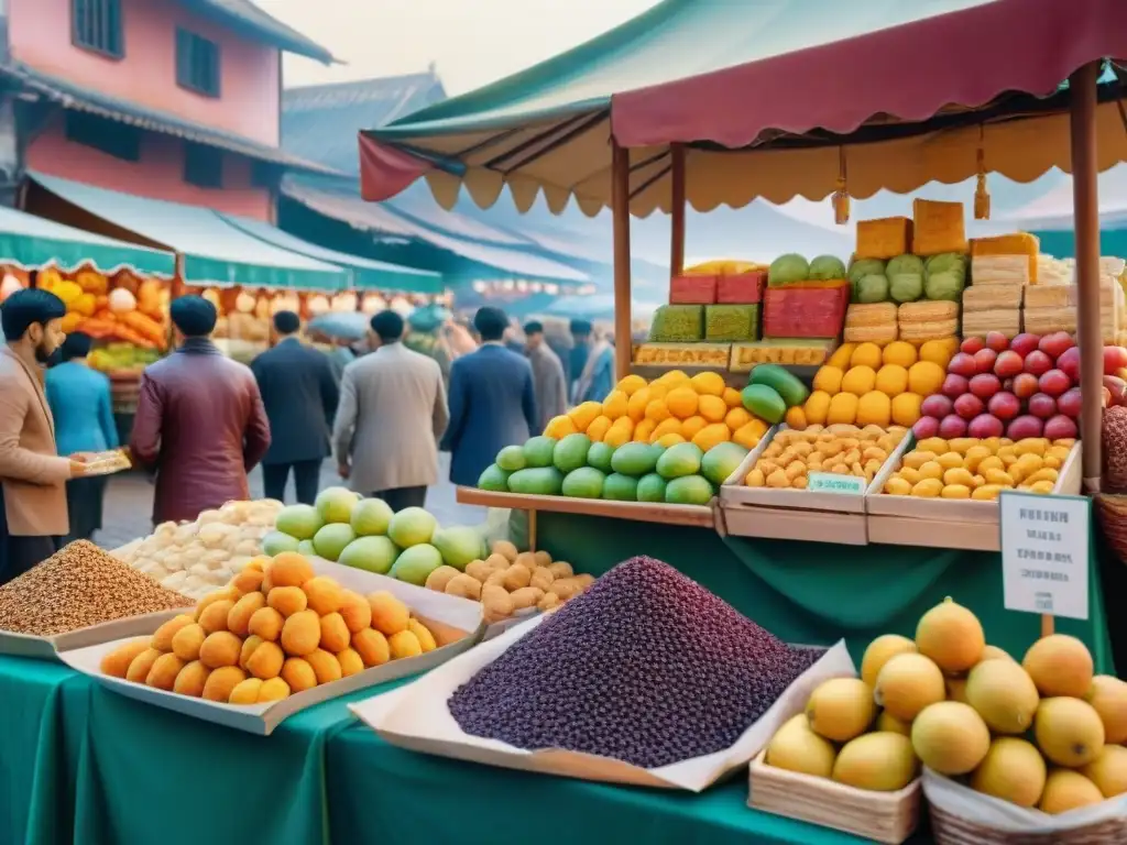 Mercado exótico: snacks importados y coloridas frutas Un mercado vibrante de snacks saludables exóticos importados en un país extranjero