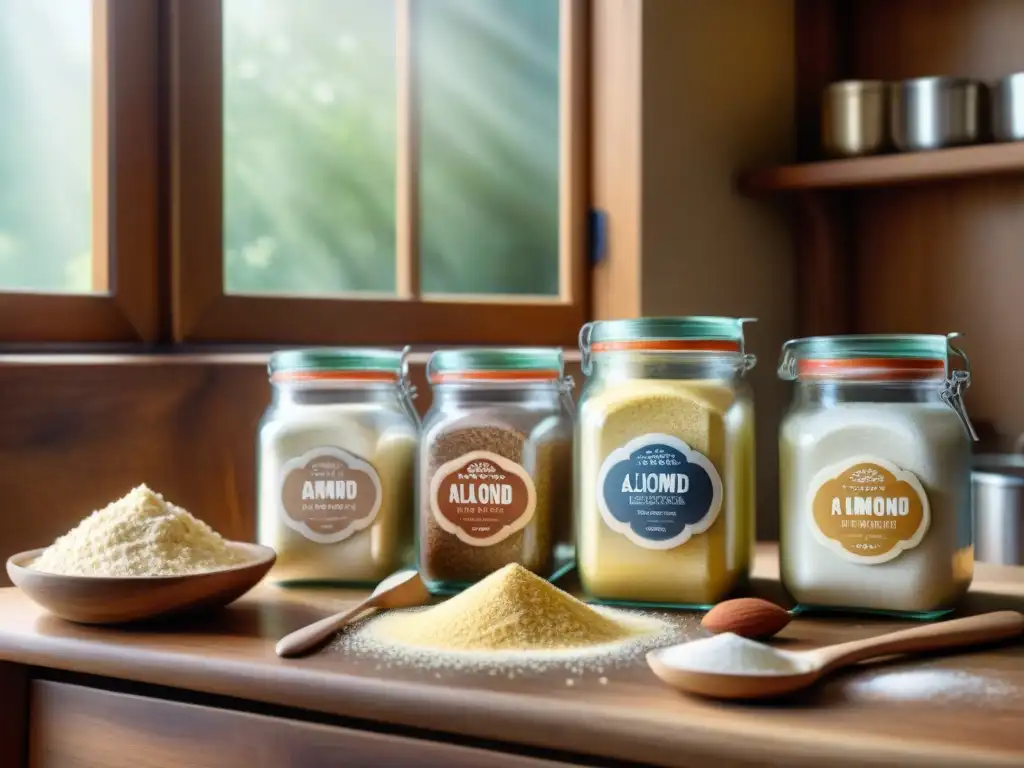 Escena de cocina rústica con harinas sin gluten en frascos de vidrio Una mesa de cocina rústica con harinas sin gluten en tarros de vidrio, iluminada por el sol
