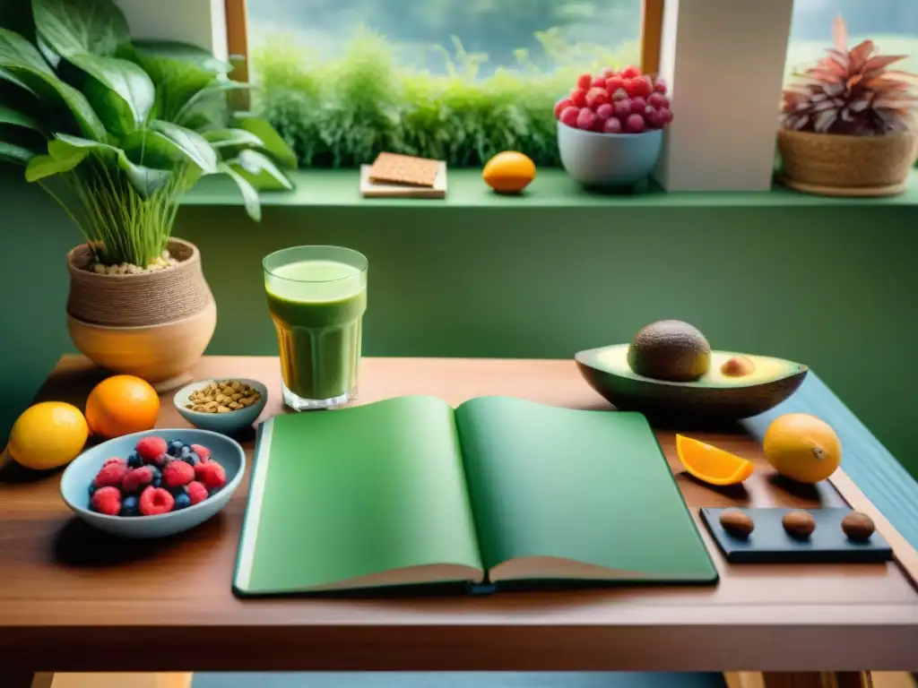 Una mesa de madera iluminada con snacks saludables para estudiar: frutas, crackers, frutos secos, smoothie y chocolate oscuro