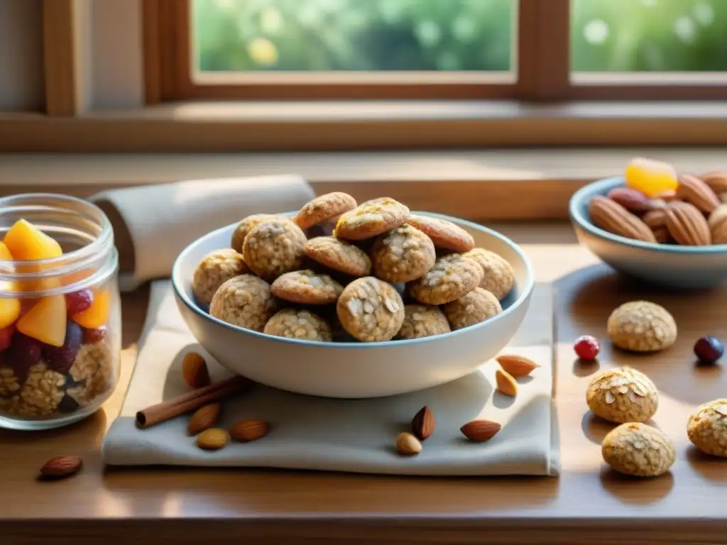 Deliciosas meriendas de avena en mesa rústica Una mesa rústica de cocina con variedad de snacks de avena, iluminada por cálida luz solar