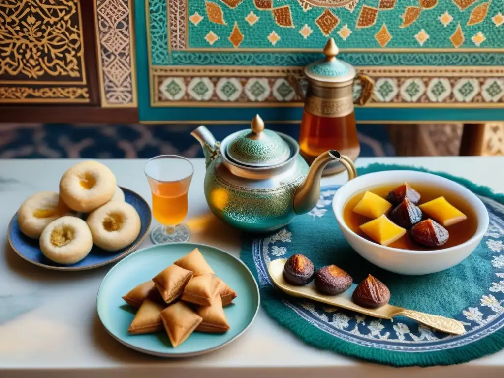 Exquisita mesa de té árabe: Arte acuarela con aperitivos saludables Una mesa de té del Medio Oriente con snacks saludables como dátiles, frutos secos y baklava, sobre un fondo de mosaico árabe