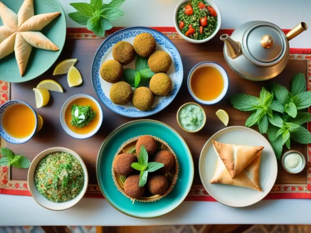 Exquisita mesa de té árabe: falafel, hummus y baklava Una mesa de té del Medio Oriente con snacks saludables como falafel, hummus y baklava