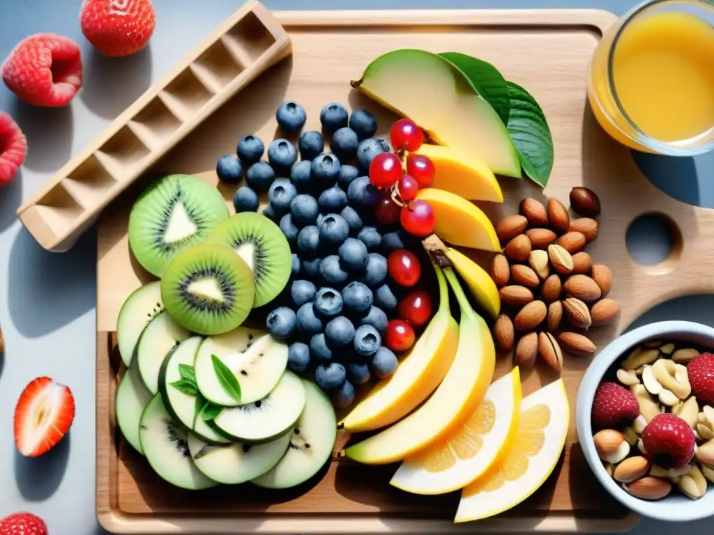 Deliciosa variedad de frutas y frutos secos en acuarela Una mezcla de frutas y frutos secos frescos sobre tabla de madera, con chía y miel, ideal para cuidadores
