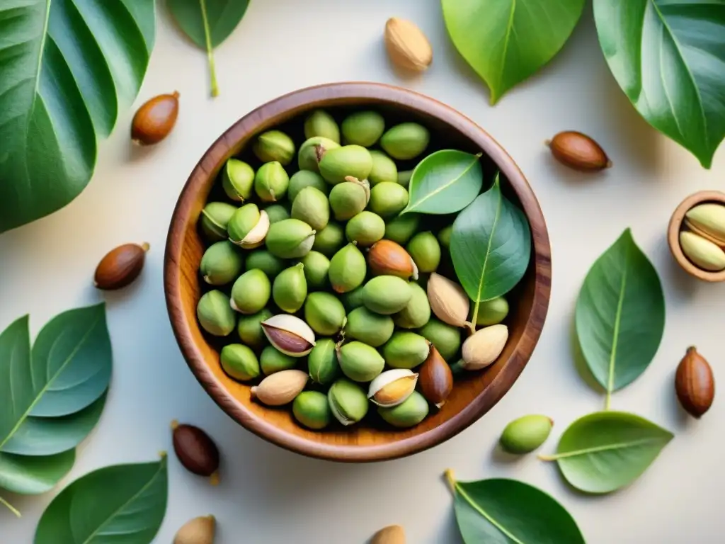 Deliciosas nueces y frutos secos en acuarela Una mezcla de frutos secos premium en un elegante bol de madera, rodeado de hojas verdes
