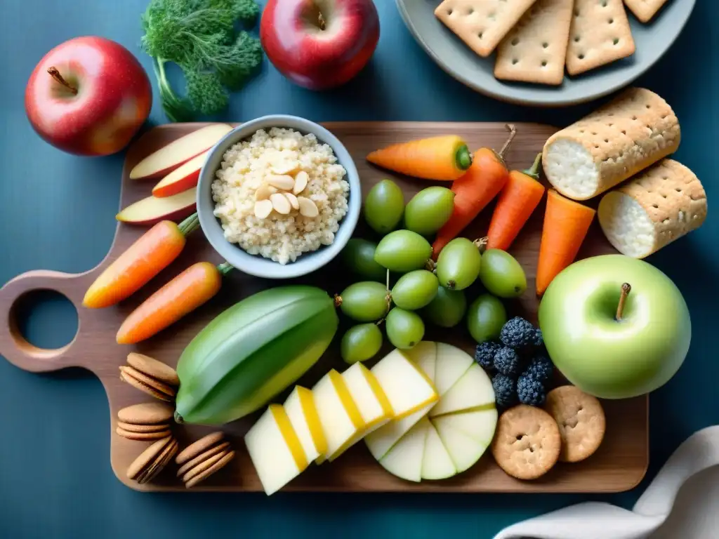 Deliciosos snacks saludables en acuarela vibrante Una mezcla de snacks saludables prevención diabetes tipo 2 en una tabla de madera