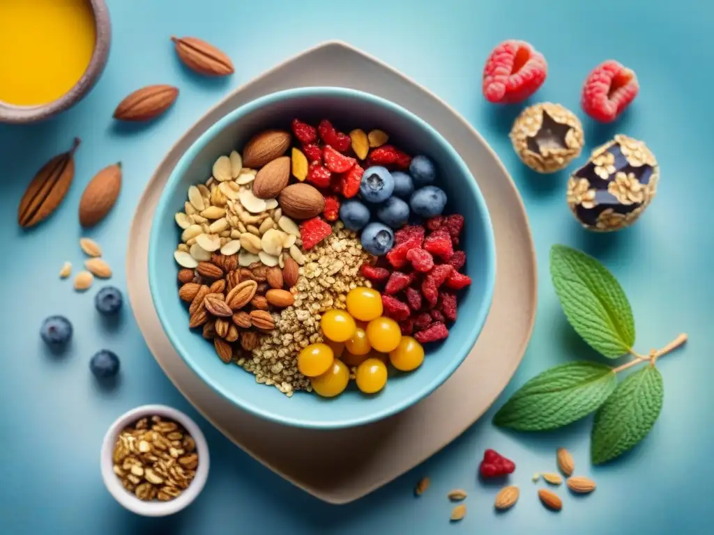 Delicioso granola casero con superalimentos Una mezcla vibrante de superalimentos como semillas de chía, bayas de goji, nueces y frutas secas rodean un bowl de granola casera
