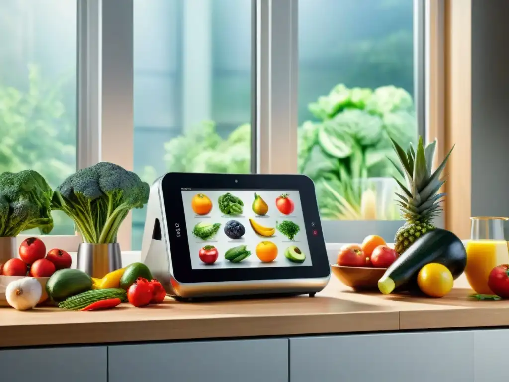 Cocina moderna con gadgets de alta tecnología Un moderno y elegante diseño de cocina con gadgets de alta tecnología, resaltando una cocina inteligente y una tablet digital