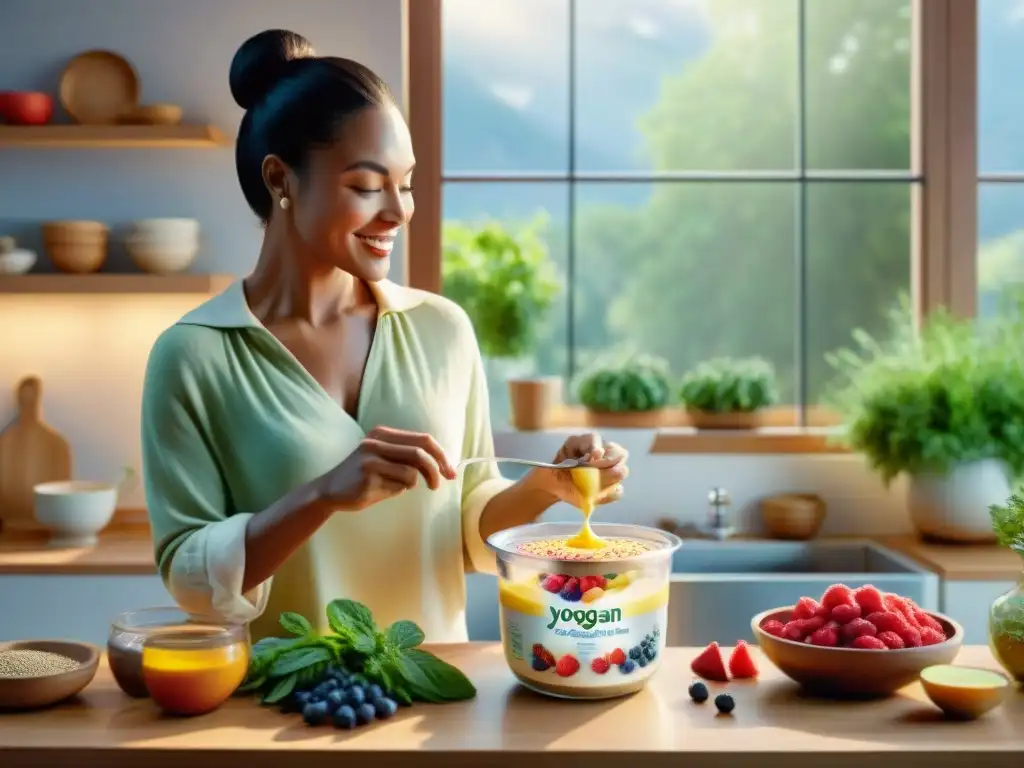 Retrato acuarela: mujer prepara yogurt vegano con superalimentos Una mujer preparando yogurt vegano con superfoods en una cocina luminosa y acogedora
