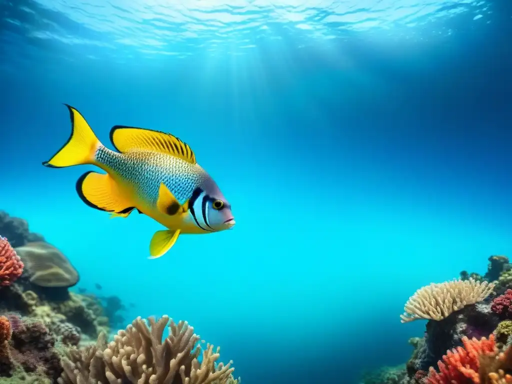 Acuarela de océano azul con peces y corales vibrantes Un mundo submarino sereno y vibrante con peces coloridos y arrecifes de coral, ideal para concentración con snacks saludables