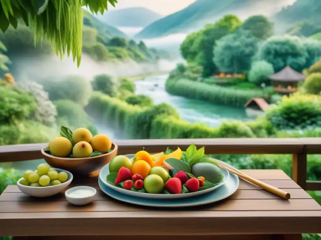 Un oasis de tranquilidad con snacks saludables, rodeado de exuberante vegetación y una mesa repleta de delicias naturales