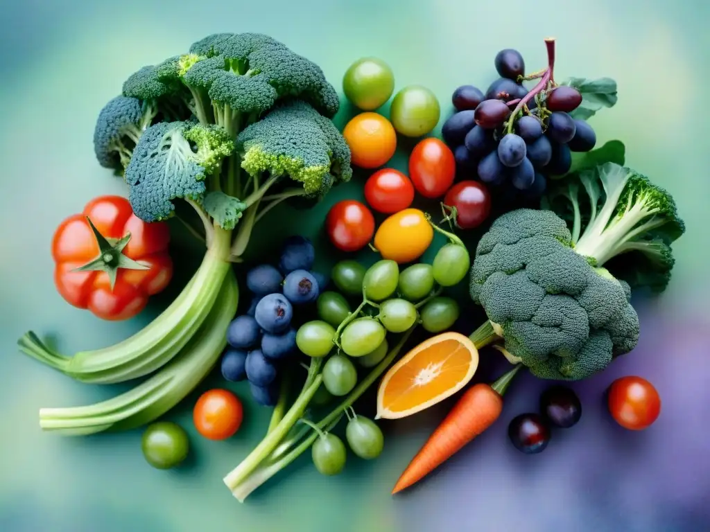 Pintura acuarela detallada de vegetales y frutas vibrantes Una obra de acuarela detallada con vibrantes frutas y verduras, simbolizando snacks saludables sin gluten