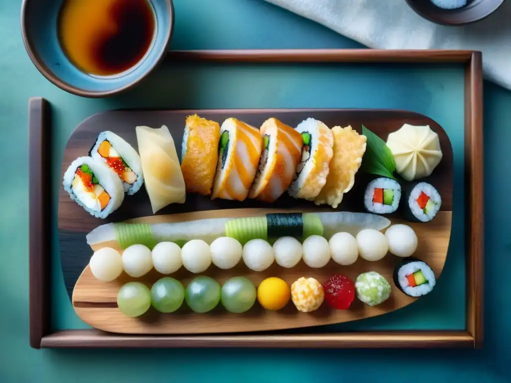 Deliciosos bocados asiáticos: sushi, tempura, mochi y dumplings en acuarela Una obra de arte acuarela detallada muestra una variedad vibrante de snacks asiáticos en un plato de madera