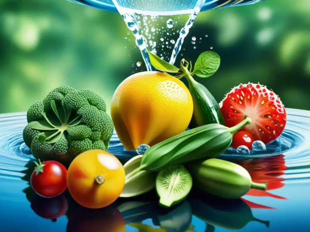 Espléndida limpieza: Frutas y verduras frescas bajo agua pura Una obra de arte acuarela con frutas y verduras frescas lavadas bajo agua pura