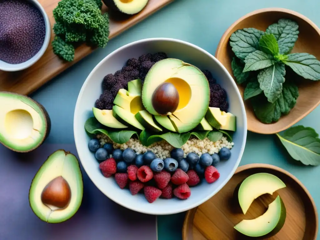 Bodegón de superalimentos: Acai, chía, kale y aguacate en acuarela Una obra detallada en acuarela de snacks saludables con superalimentos, exudando frescura y arte culinario