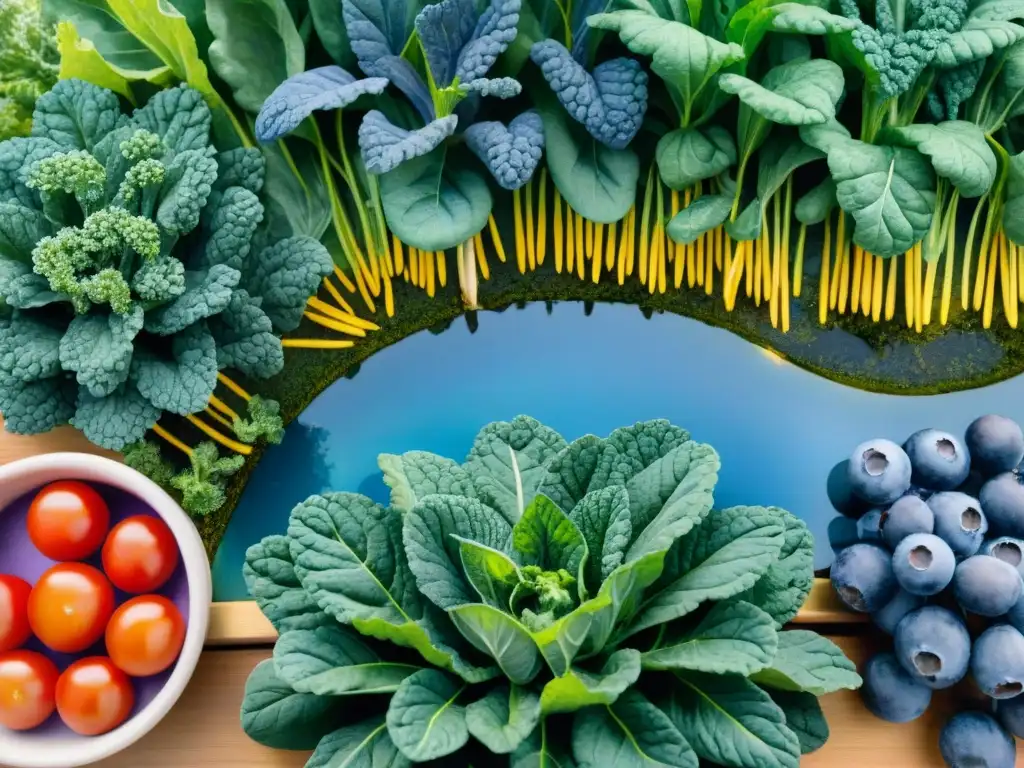 Jardín orgánico de snacks: ilustración acuarela detallada Un jardín orgánico sereno y exuberante con kale verde, tomates rojos, mazorcas doradas, arándanos y lavanda