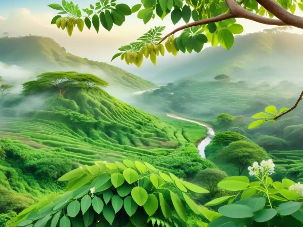 Ilustración detallada: Árbol de moringa en paisaje africano Un paisaje africano exuberante con un árbol de moringa vibrante, aves coloridas y un arroyo, resaltando los beneficios de la moringa en snacks