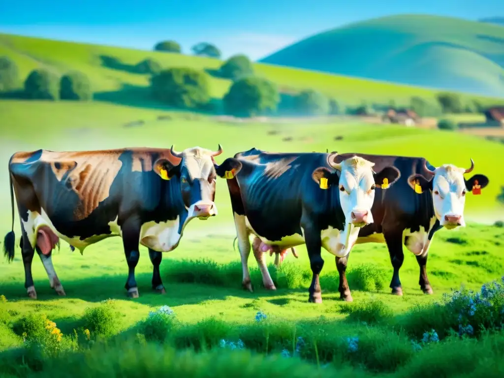 Pradera verde: vacas felices pastando en armonía Paisaje bucólico con vacas felices pastando libremente en pradera verde bajo cielo azul brillante