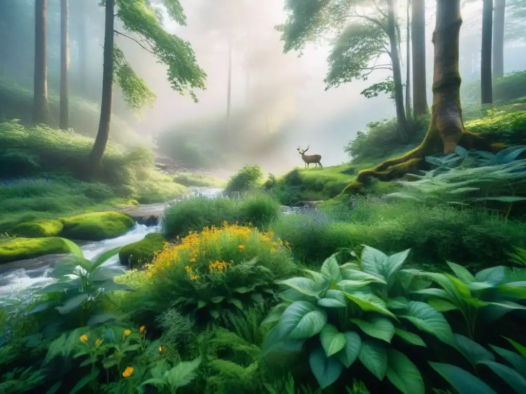 Bosque sereno: ilustración acuarela de vida silvestre Paisaje forestal sereno con vida silvestre y vegetación exuberante