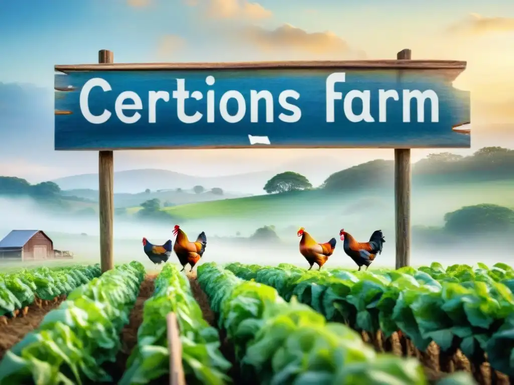 Granja con Gallinas Felices: Certificaciones de Bienestar Animal Un paisaje de granja sereno al amanecer, con gallinas en un pastizal verde y un letrero de 'Certificaciones de Bienestar Animal'