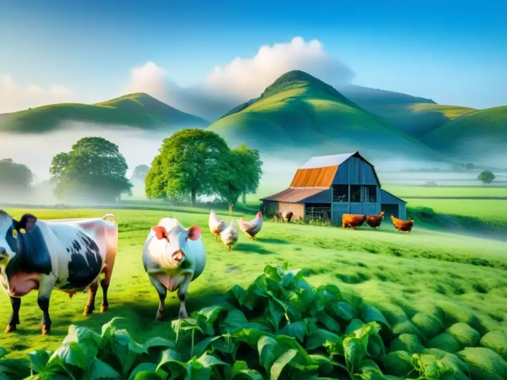 Granja ecológica: escena idílica con animales felices y cuidados Paisaje de granja verde con animales felices en bienestar, certificaciones snacks saludables