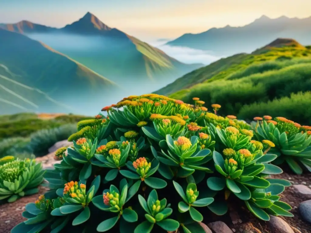 Montaña verde con flores de Rhodiola Rosea Paisaje montañoso con flores de rhodiola rosea