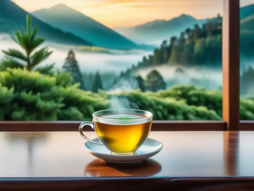 Paisaje de montaña sereno con té verde: armonía natural Un paisaje de montaña sereno al atardecer, con una taza de té verde en una mesa de madera
