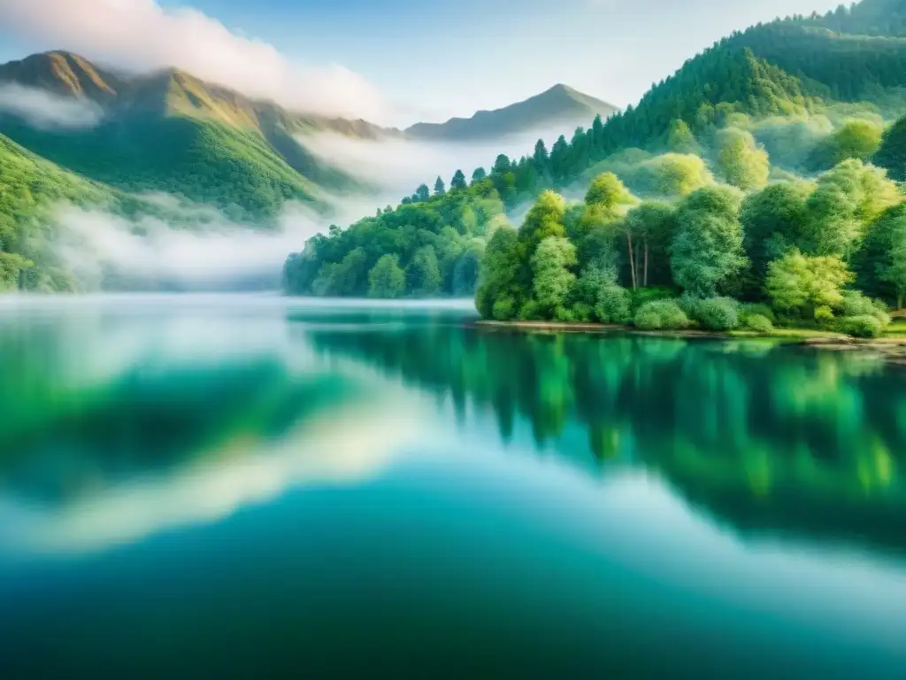 Paisaje sereno de lago: naturaleza en acuarela Paisaje sereno de lago con árboles verdes reflejados en agua cristalina, evocando tranquilidad