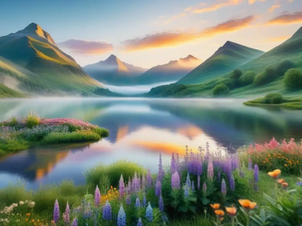 Un paisaje sereno de la mañana con un amanecer sobre montañas, valles verdes y un lago cristalino