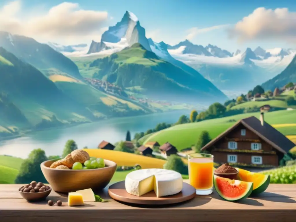 Idílica escena suiza: paisaje, comida y encanto alpino Un paisaje suizo pintoresco con snacks saludables de calidad, como quesos, frutas y chocolate oscuro