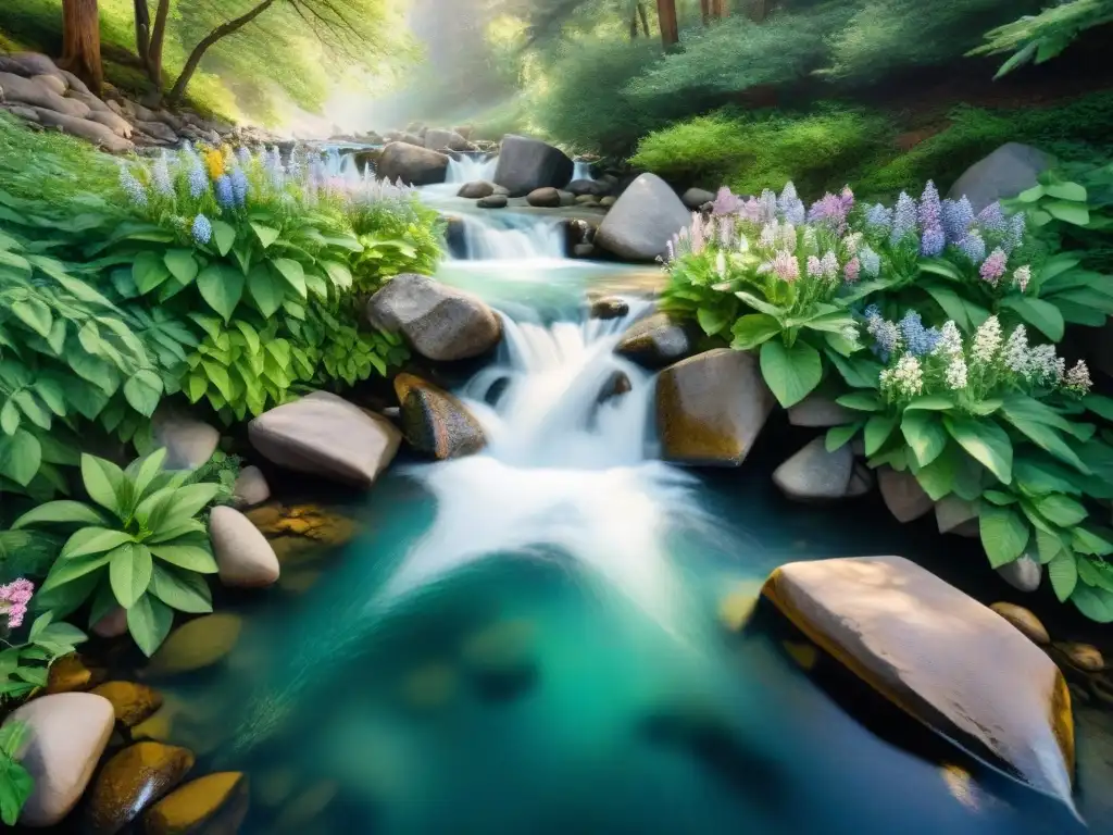 Pintura acuarela: arroyo de montaña sereno y puro Paisaje tranquilo de arroyo montañoso con agua pura entre árboles verdes y flores silvestres