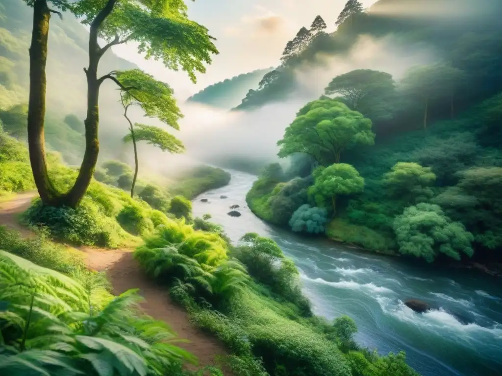 Cuadro acuarela: Bosque verde con río serpenteante Un paisaje tranquilo de un bosque verde exuberante con un río serpenteante, ideal para reducir estrés y ansiedad