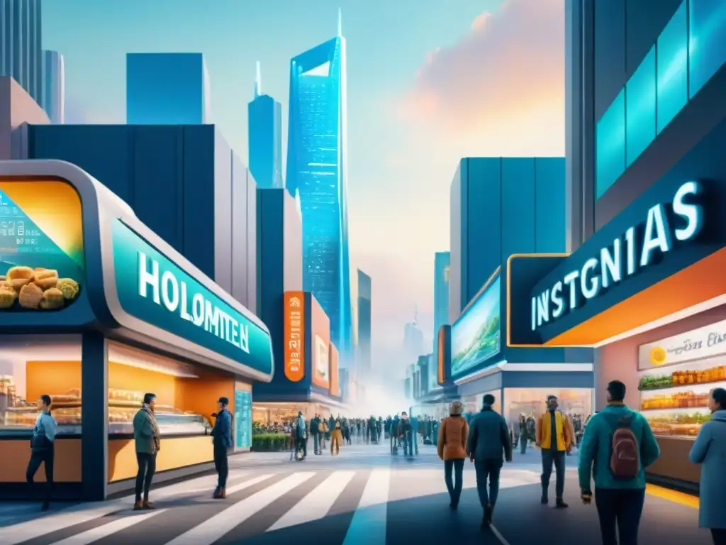 Cityscape futurista con bares de snacks tecnológicos Un paisaje urbano futurista con innovadores snacks saludables y tecnología avanzada en una ciudad bulliciosa