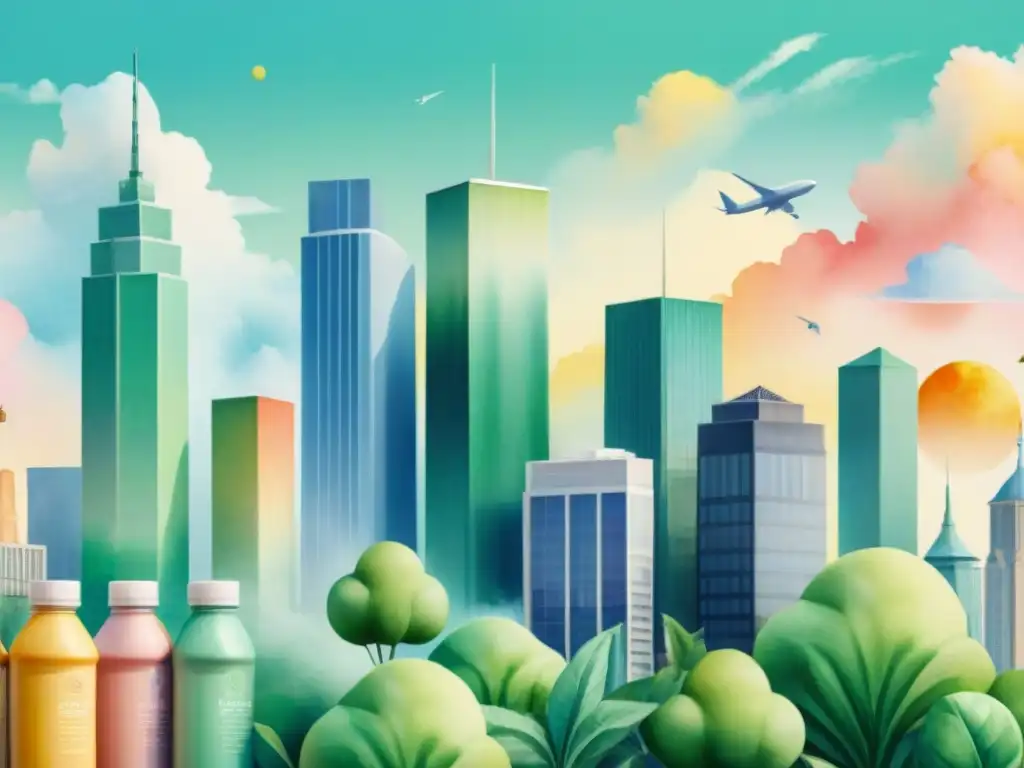 Metrópolis sostenible: edificios reciclados en snacks Un paisaje urbano vibrante con edificios sostenibles transformados en envases de snacks, reduciendo el impacto ambiental