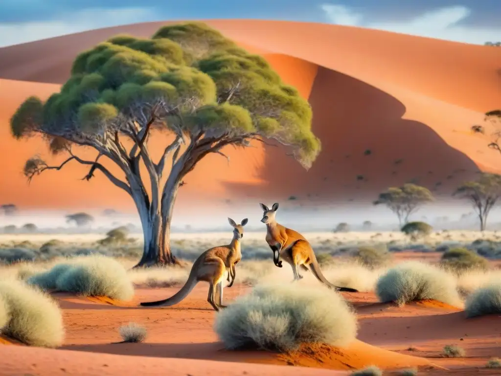 Acuarela detallada: canguros en el outback australiano Un paisaje vibrante del outback australiano con canguros, árbol de eucalipto y dunas rojas