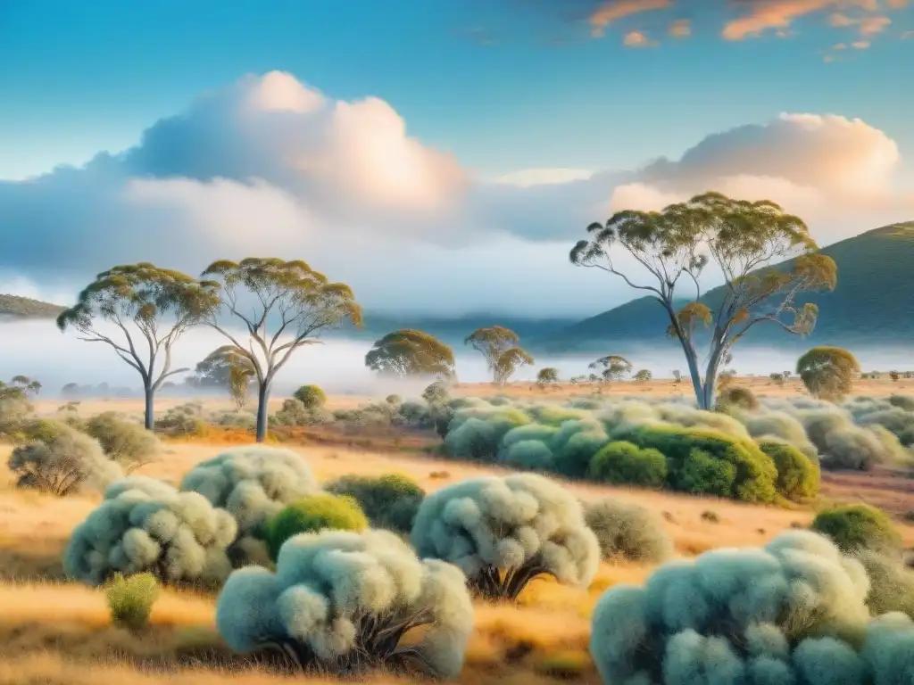 Paisaje vibrante del Outback australiano: acuarela detallada Un paisaje vibrante del outback australiano con canguros y loros, bajo un cielo azul