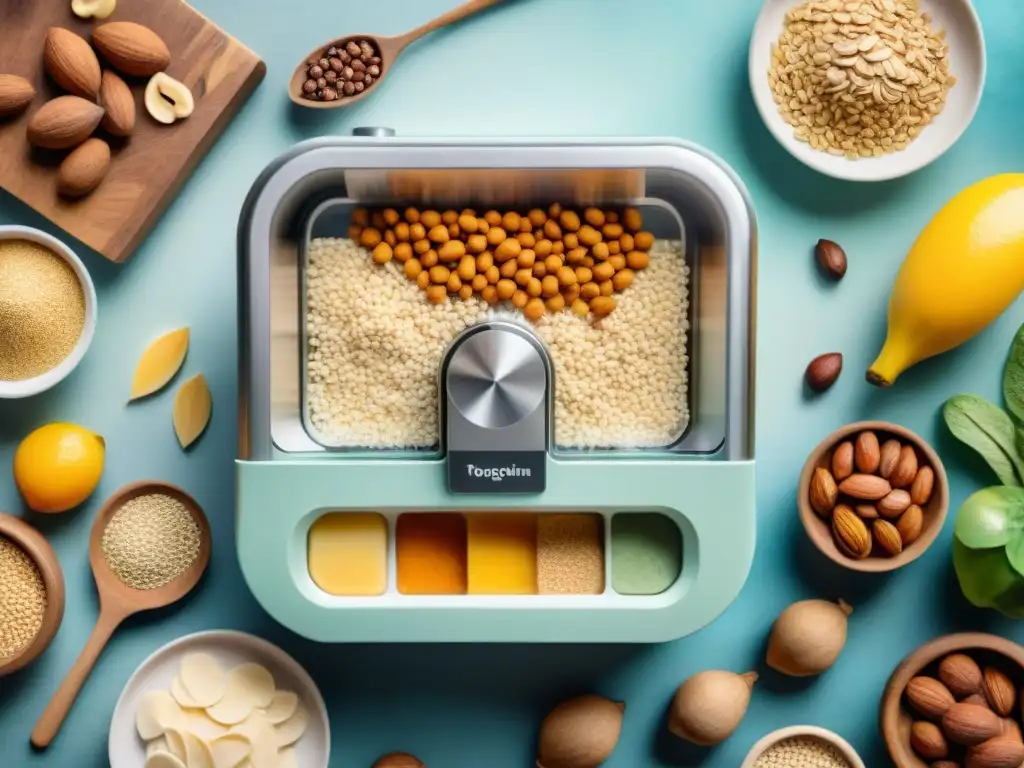Máquina panificadora en acción: ingredientes frescos y saludables Una panificadora moderna preparando snacks saludables con ingredientes frescos y vibrantes en una atmósfera cálida y acogedora