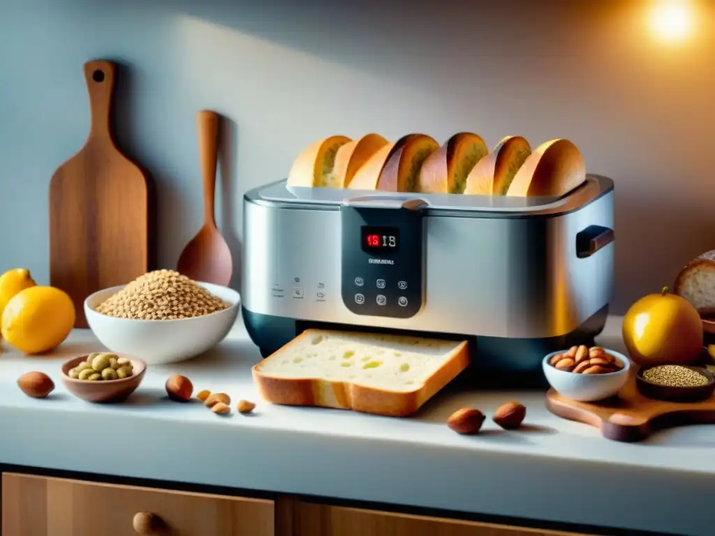 Panificadora en acción: creando snacks saludables en cocina moderna Una panificadora en acción rodeada de ingredientes saludables en una cocina moderna