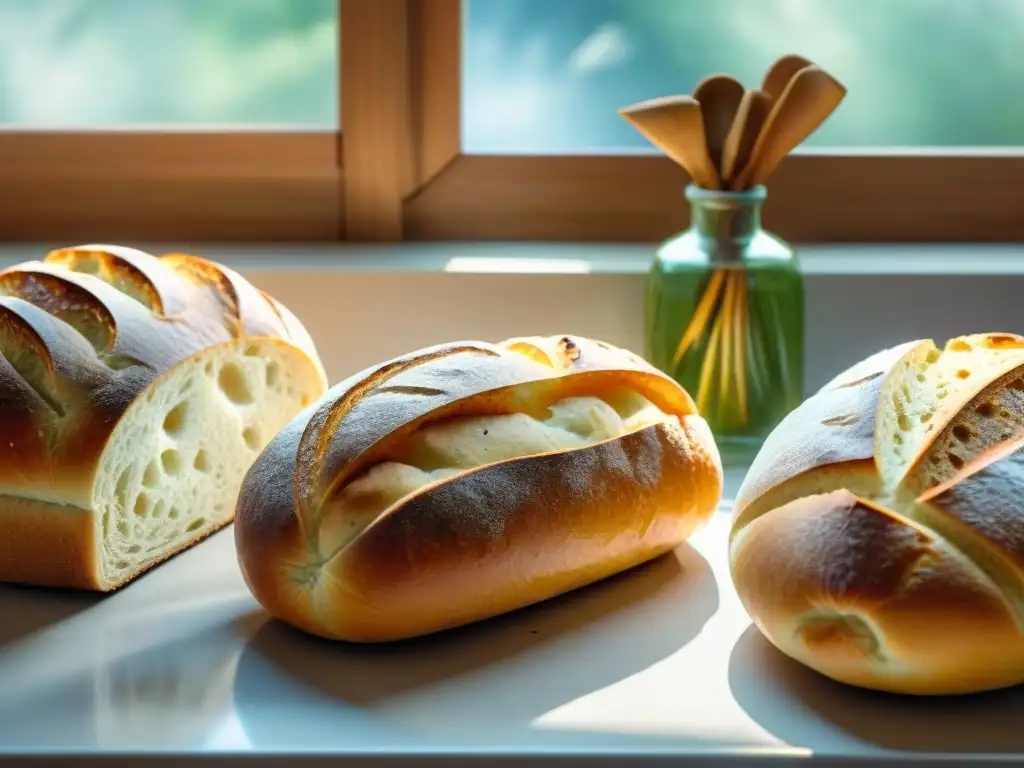 Panadería artesanal: cocinar pan casero con amor y tradición Panificadoras para preparar snacks saludables: Escena de cocina con pan recién horneado y una panificadora plateada, iluminada por la mañana