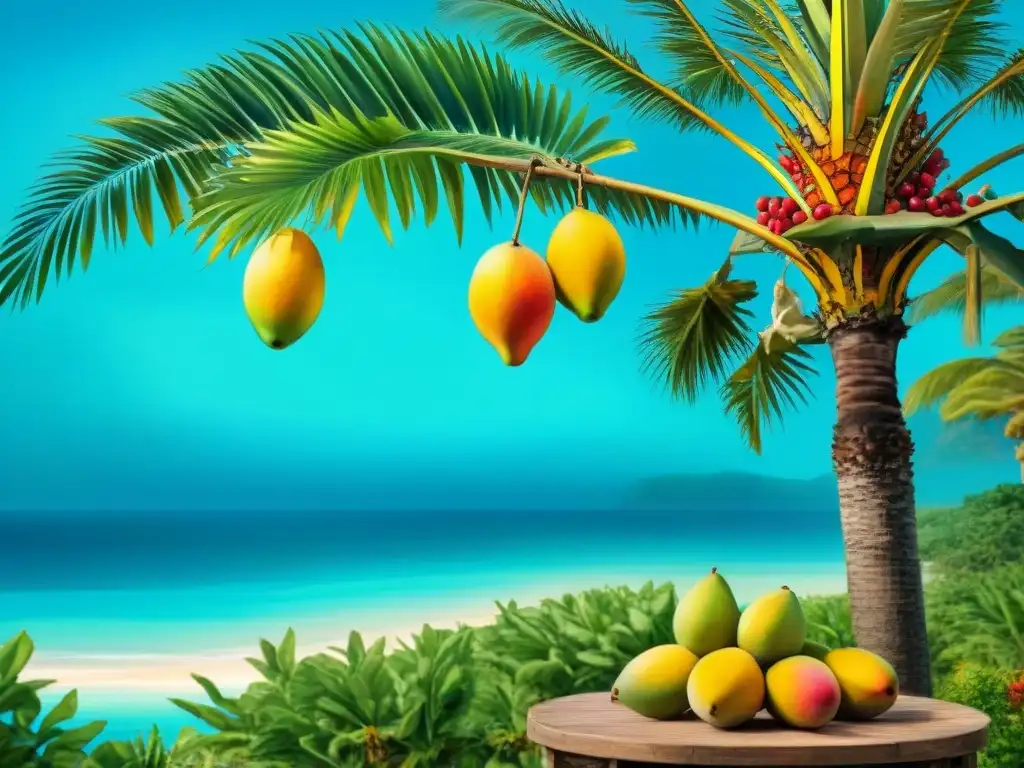 Paraíso tropical: frutas exóticas del Caribe en acuarela Un paraíso tropical caribeño con frutas exóticas vibrantes y frescas