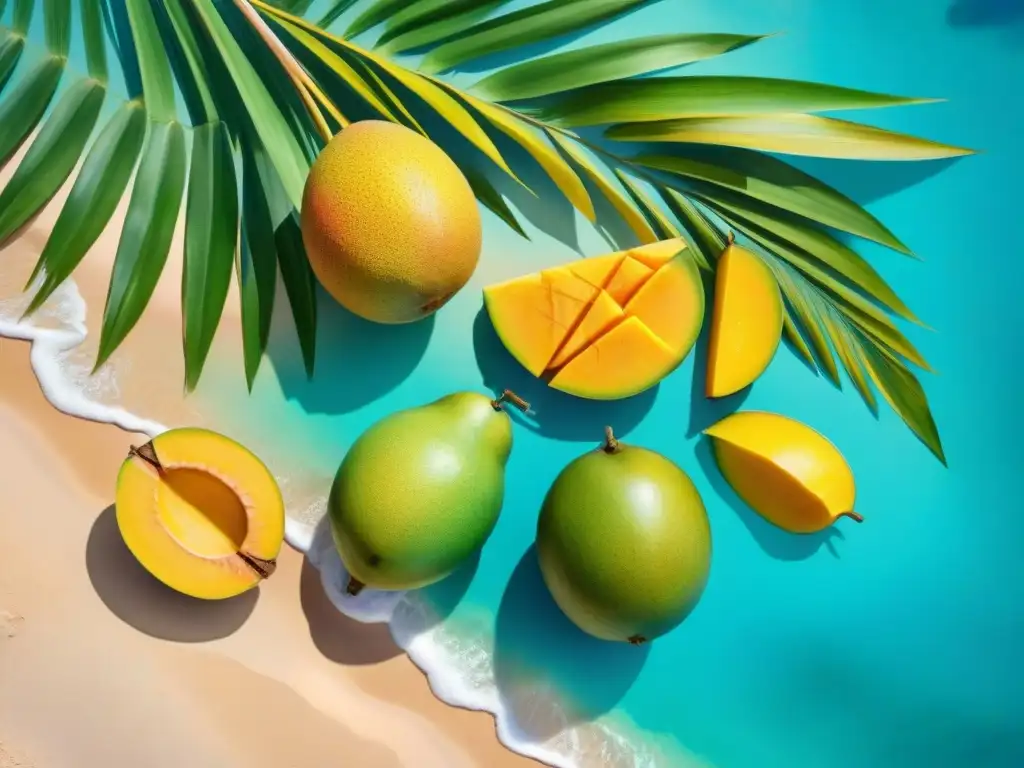 Escena tropical caribeña: frutas exóticas y paraíso Un paraíso tropical en el Caribe con frutas exóticas y frescas, ideal para inspirar a disfrutar de snacks saludables Caribe nutrición