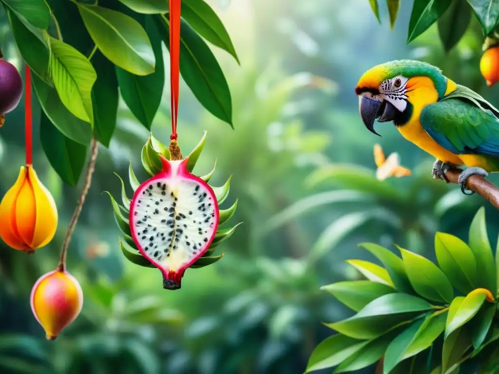 Exótica selva tropical con frutas y aves exuberantes Un paraíso tropical lleno de frutas exóticas rodeado de vida silvestre, con snacks saludables importados deliciosos