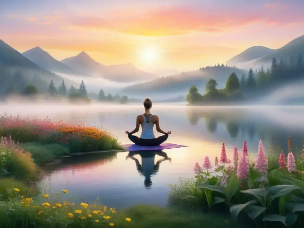 Persona practicando yoga al amanecer en un lago sereno, rodeada de flores silvestres