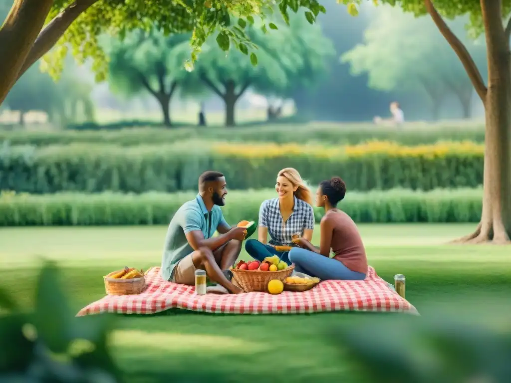 Picnic multicultural en parque: unión, naturaleza y alegría Un picnic armonioso en el parque con snacks saludables para combatir la ansiedad alimentaria