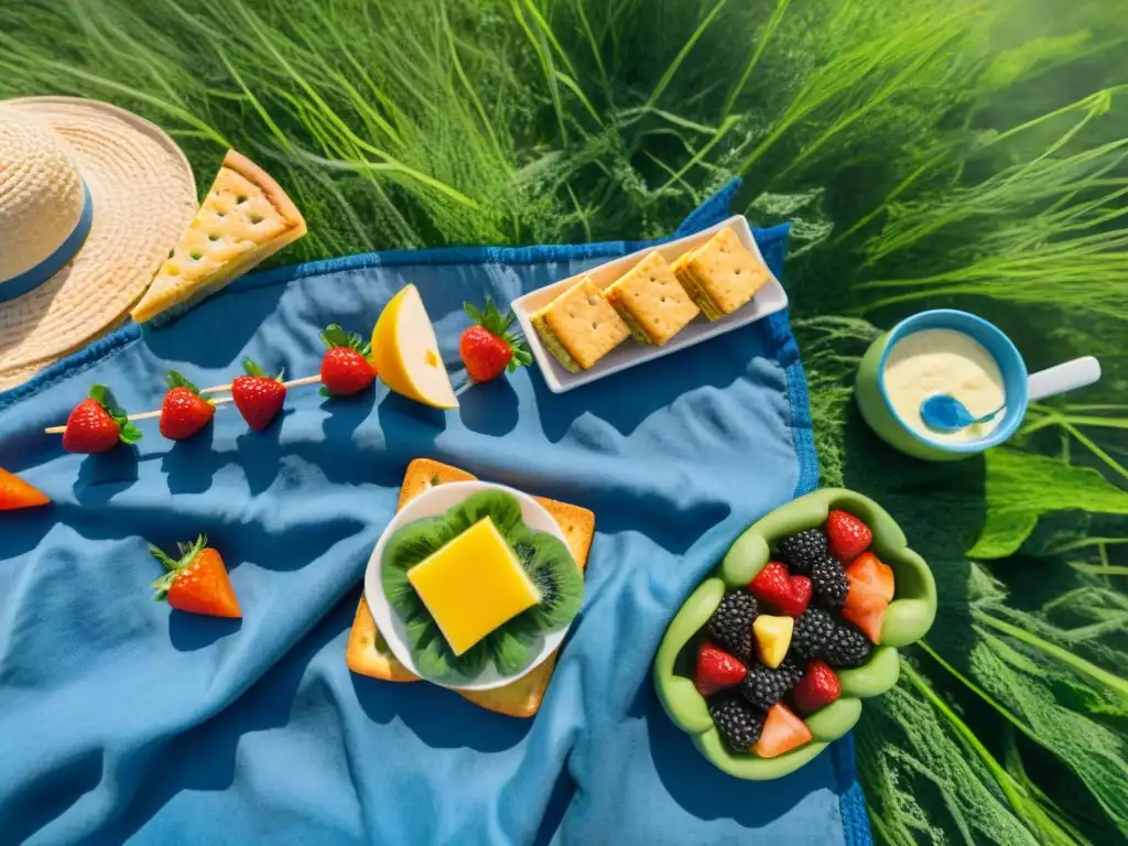 Picnic saludable y colorido en la naturaleza Un picnic colorido y alegre con snacks saludables para niños divertidos, rodeado de naturaleza y juguetes voladores