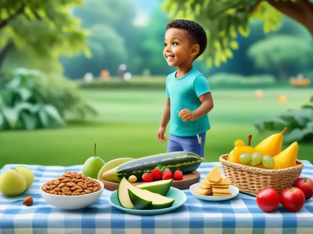 Picnic saludable y divertido en el parque: ilustración acuarela Un picnic en el parque con snacks saludables para niños divertidos, rodeados de naturaleza y diversión
