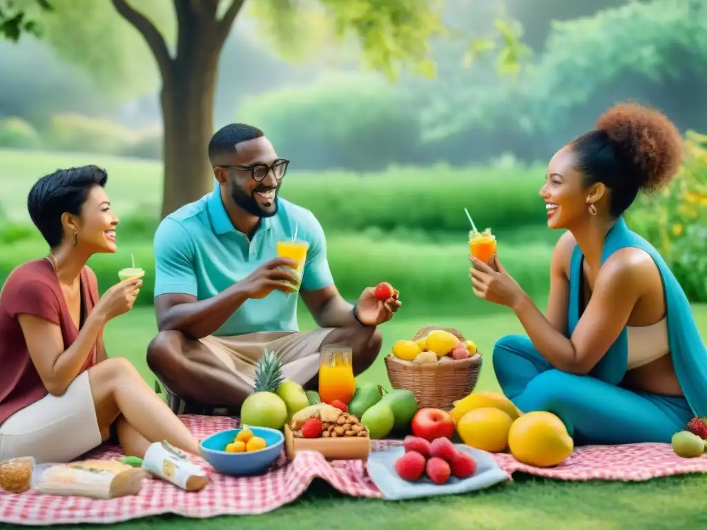 Picnic saludable en el parque: diversidad y alegría Un picnic saludable en el parque: gente diversa disfruta de snacks en medio de la naturaleza