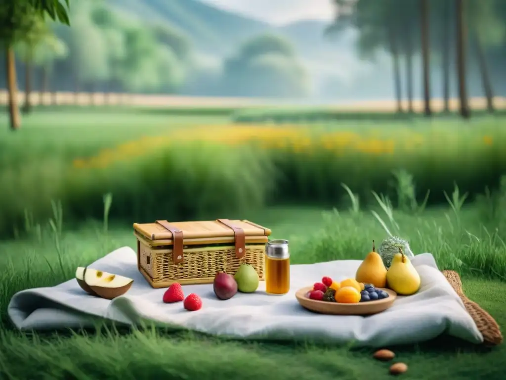 Picnic sostenible en prado verde: escena tranquila y ecoconsciente Un picnic sostenible en la naturaleza con snacks saludables para picnic sostenible