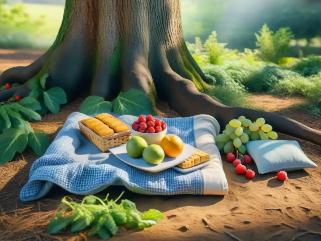 Picnic sostenible: manta verde bajo roble con snacks orgánicos Un picnic sostenible en un parque sereno con snacks saludables para picnic sostenible