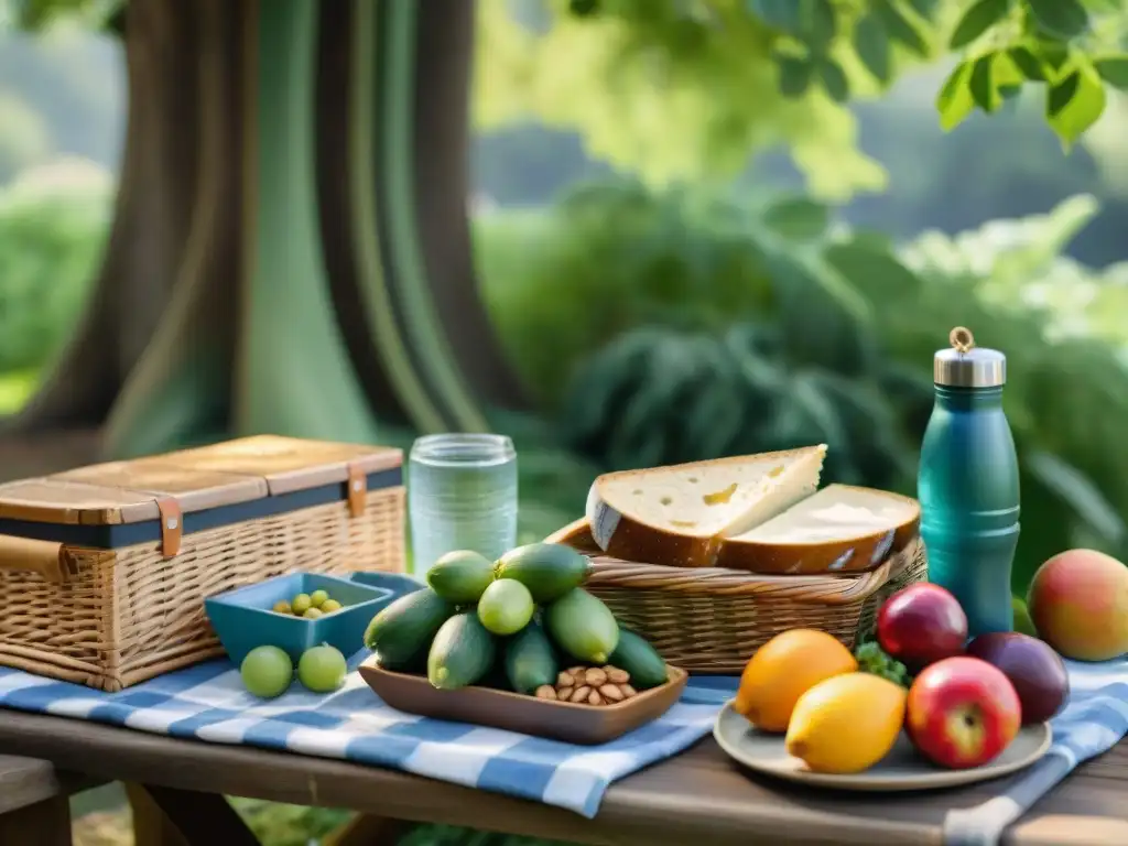 Picnic sostenible: naturaleza, comida fresca y ecoamigable Un picnic sostenible con snacks saludables bajo un roble centenario