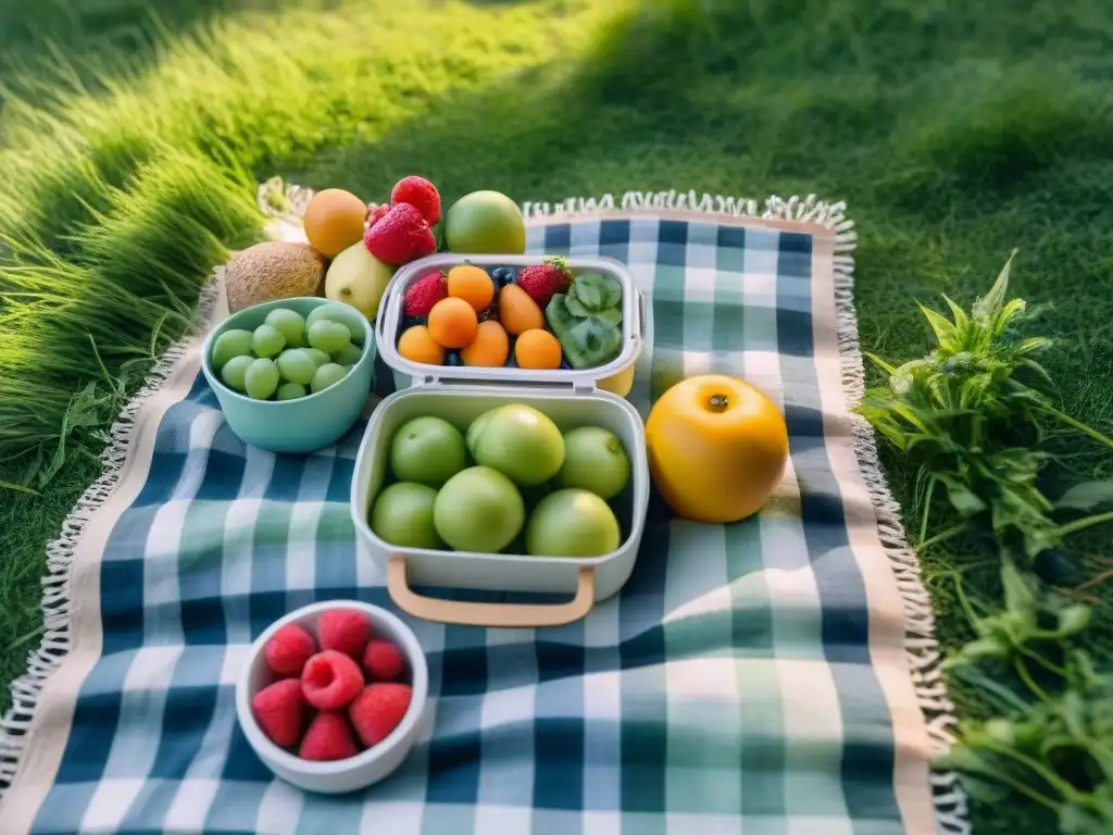 Picnic sostenible: ilustración acuarela de merienda eco en la naturaleza Un picnic sostenible con snacks saludables para picnic sostenible en una escena soleada y acogedora